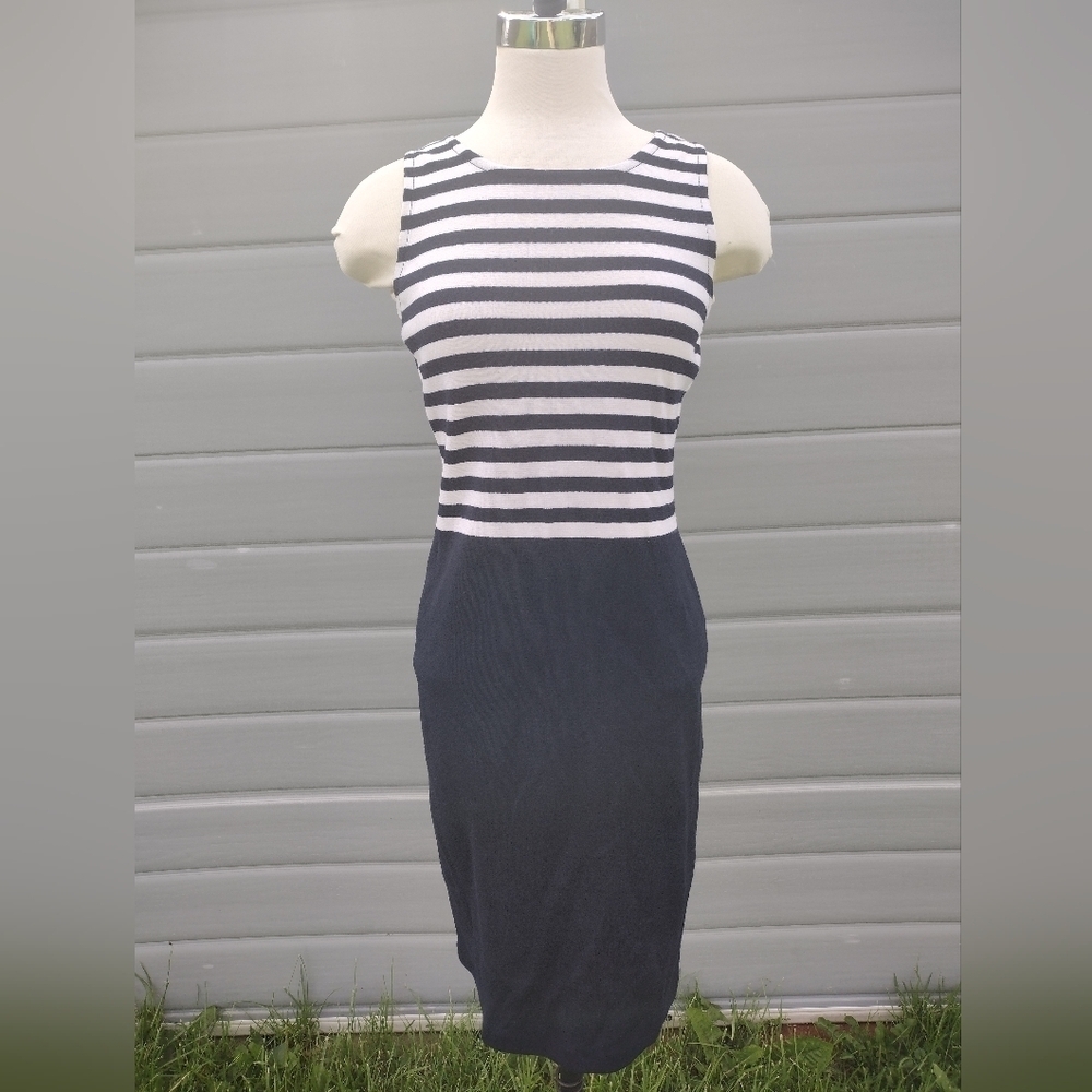 ST. JOHN Blue & White Striped Print Sleeveless Sheath Dress Knee Length Size 2